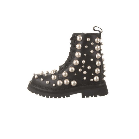 Moschino Leather Pearl Embellished Platform Combat Black Boots Size 36 - Picture 1 of 5